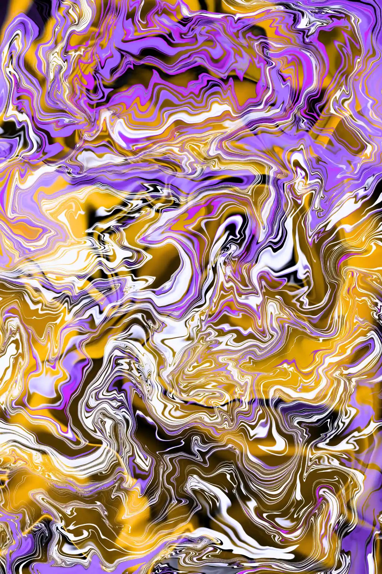 Abstract art with swirling patterns in purple, gold, and white.