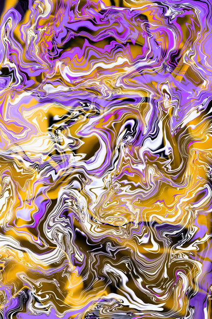 Abstract art with swirling patterns in purple, gold, and white.