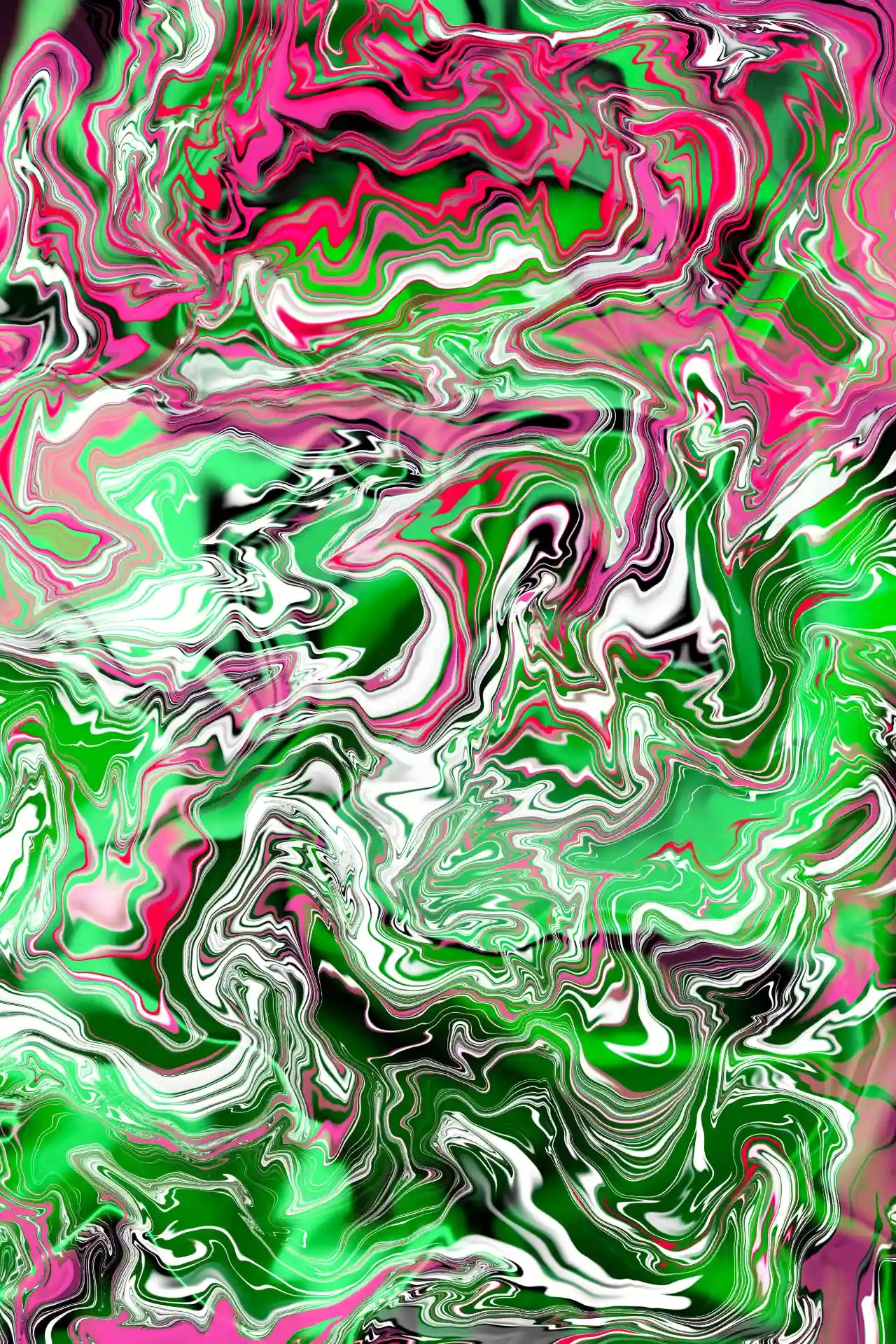 Abstract art with swirling patterns in pink, green, and white.