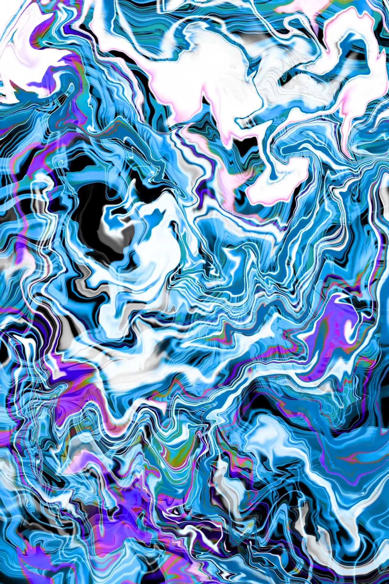 Abstract artwork with swirling blue, purple, and white patterns