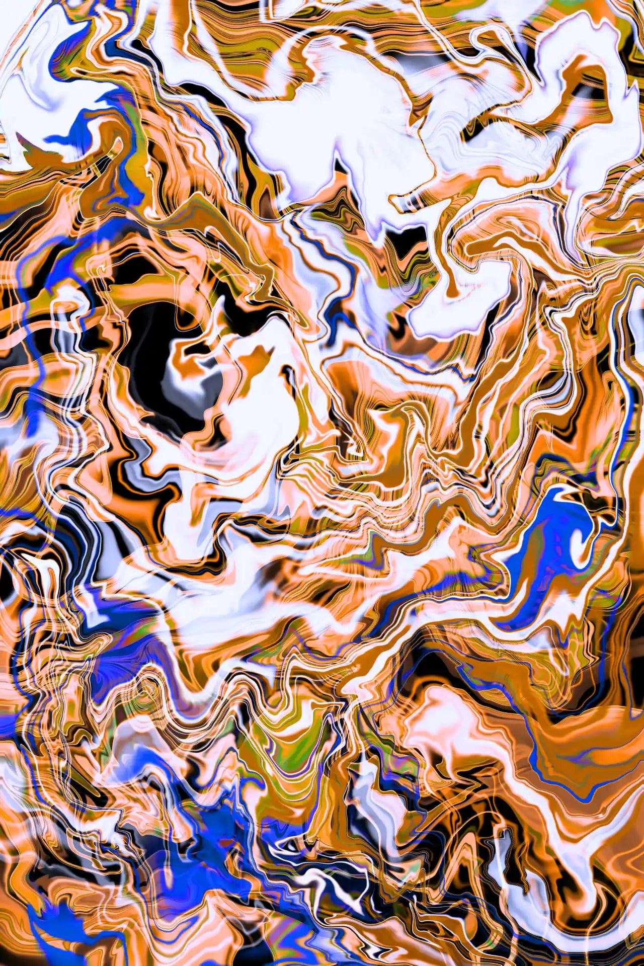 Abstract art with swirling colors in brown, blue, and white.
