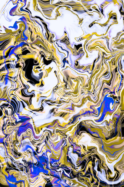 Abstract art with swirling patterns in gold, blue, and white.