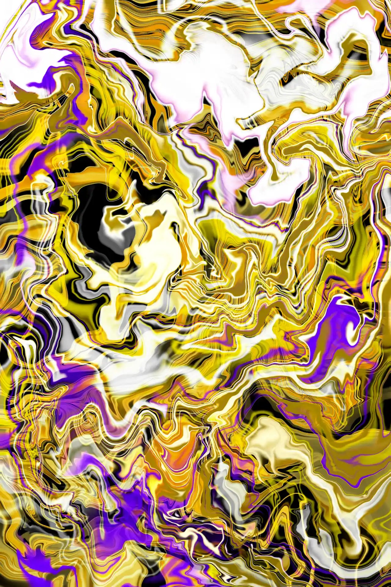 Abstract art with swirling patterns in gold, purple, and white.