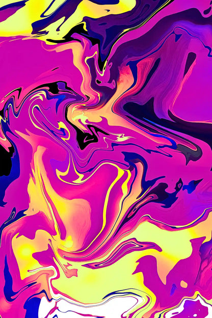 Abstract colorful design with swirling patterns in pink, yellow, and purple.