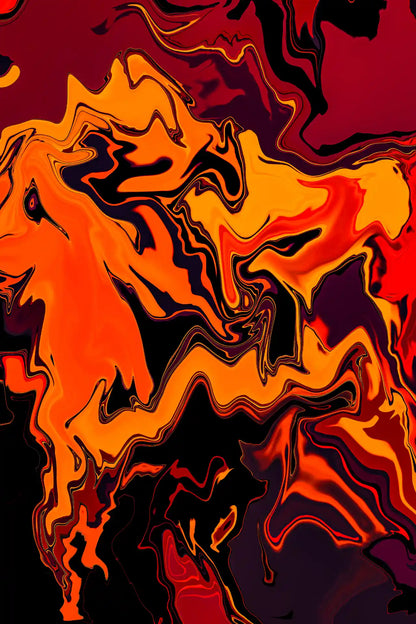Abstract art with swirling red, orange, and black colors on a dark background