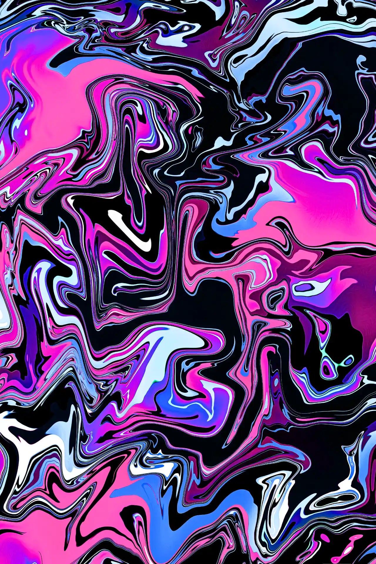 Abstract colorful pattern with swirls of pink, purple, and blue on a black background.