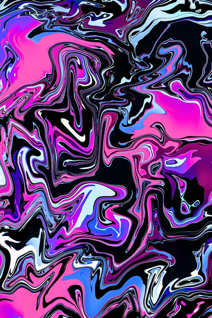 Abstract colorful pattern with swirls of pink, purple, and blue on a black background.