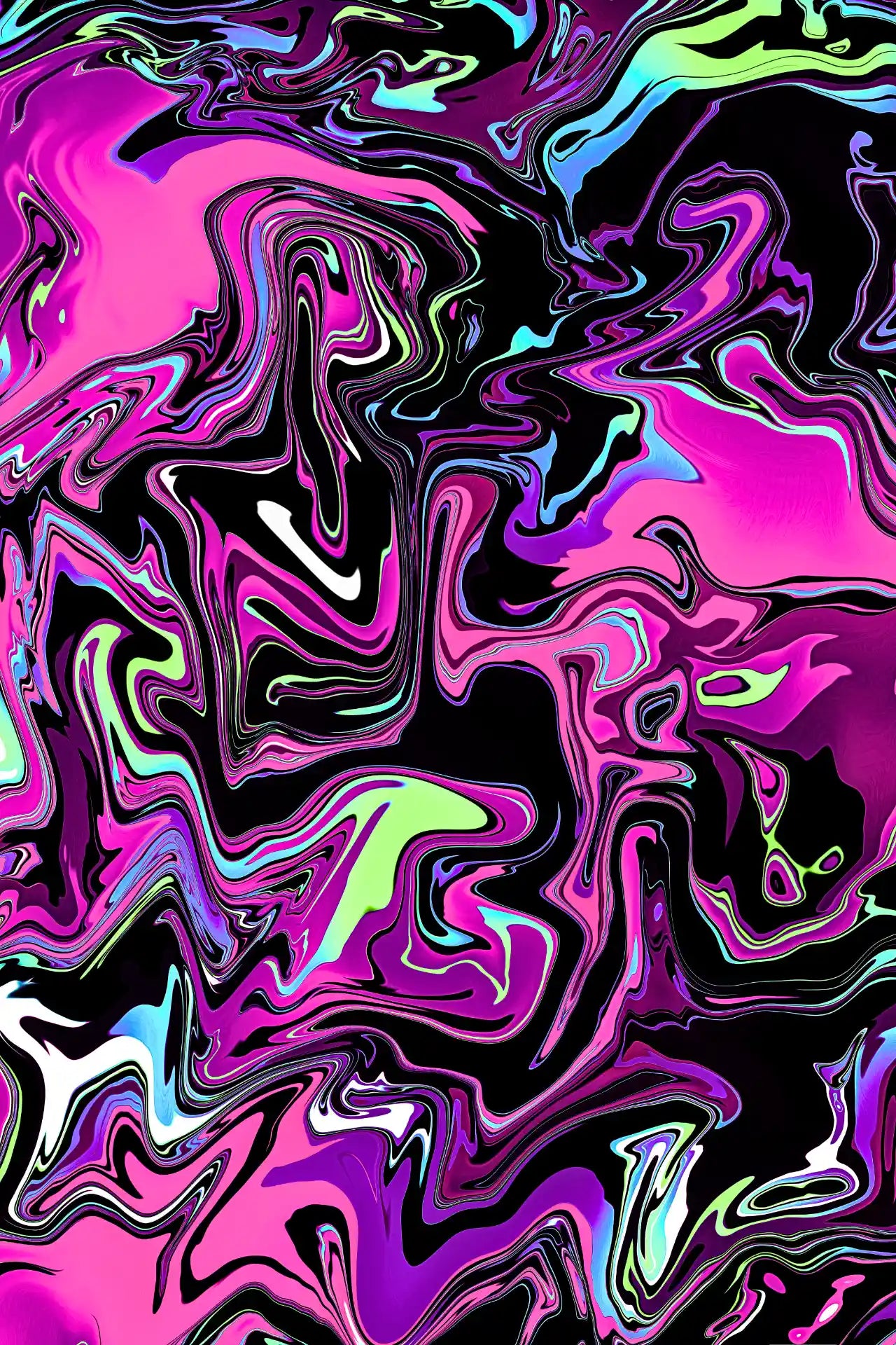 Colorful abstract pattern with swirls of pink, green, and purple on a black background