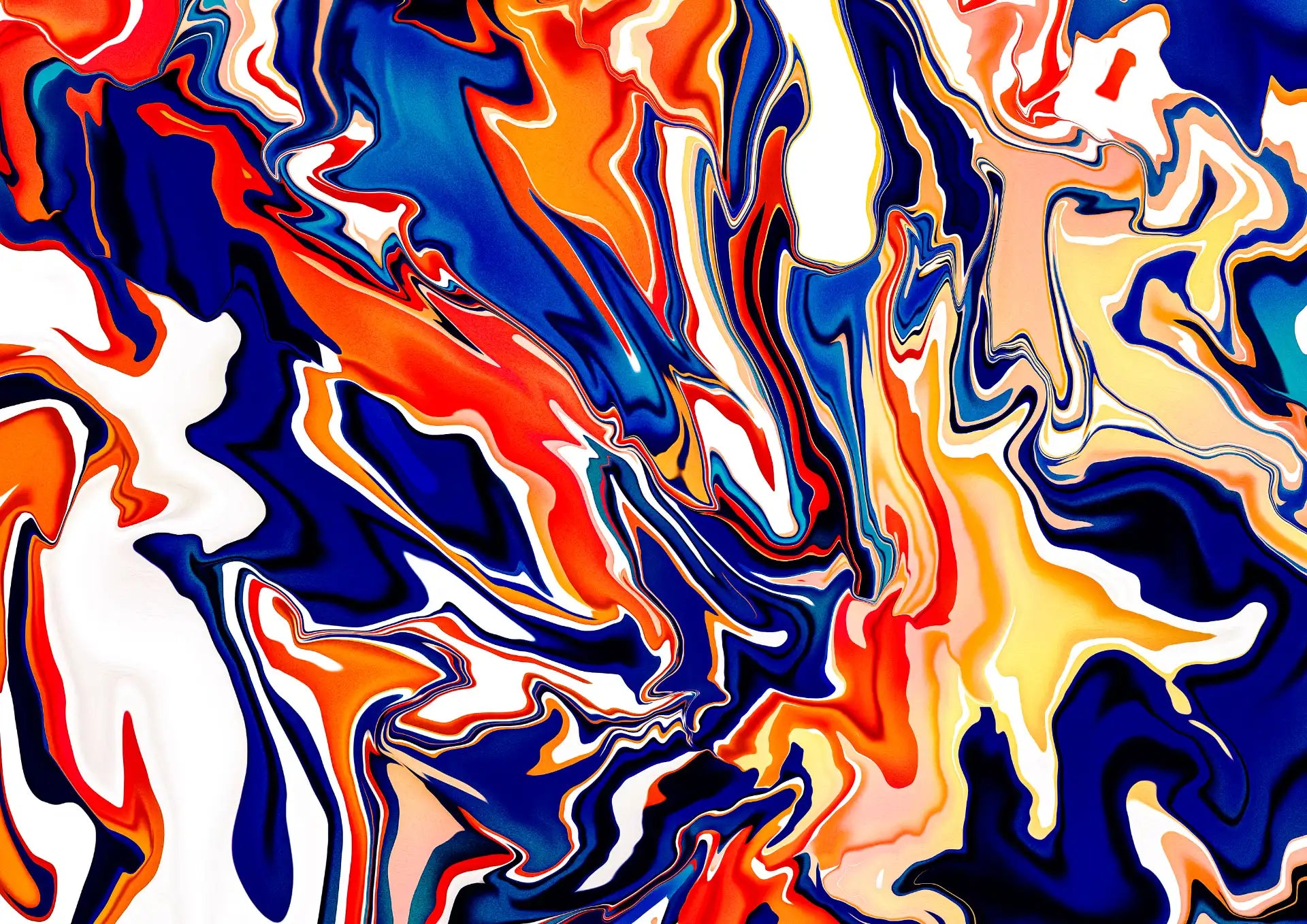 Abstract art with swirling colors of red, blue, orange, and white.