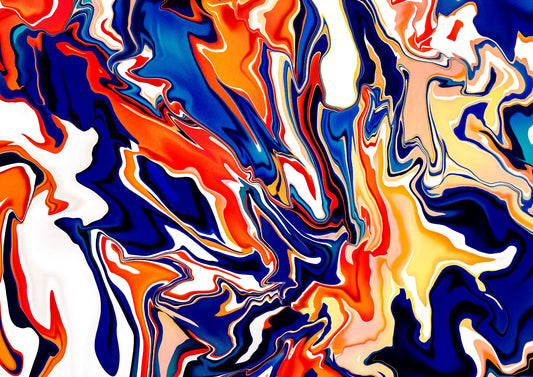 Abstract art with swirling colors of red, blue, orange, and white.