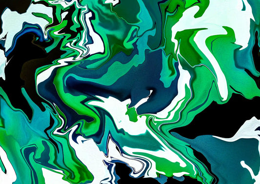 Abstract art with swirling green, blue, and white patterns
