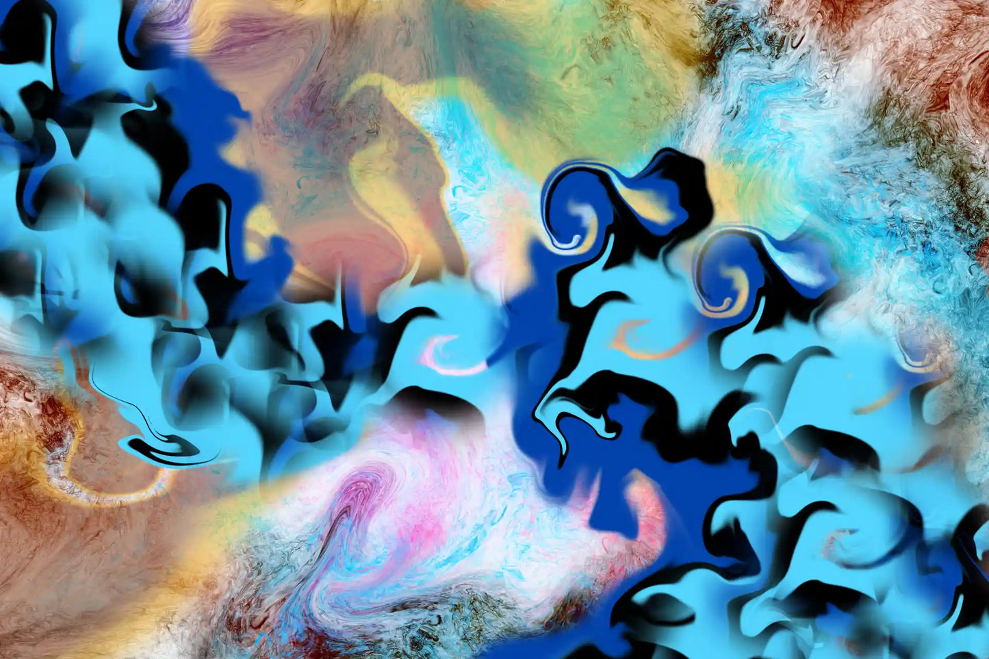 Abstract artwork with swirling patterns in blue, black, and multicolor on a textured background.