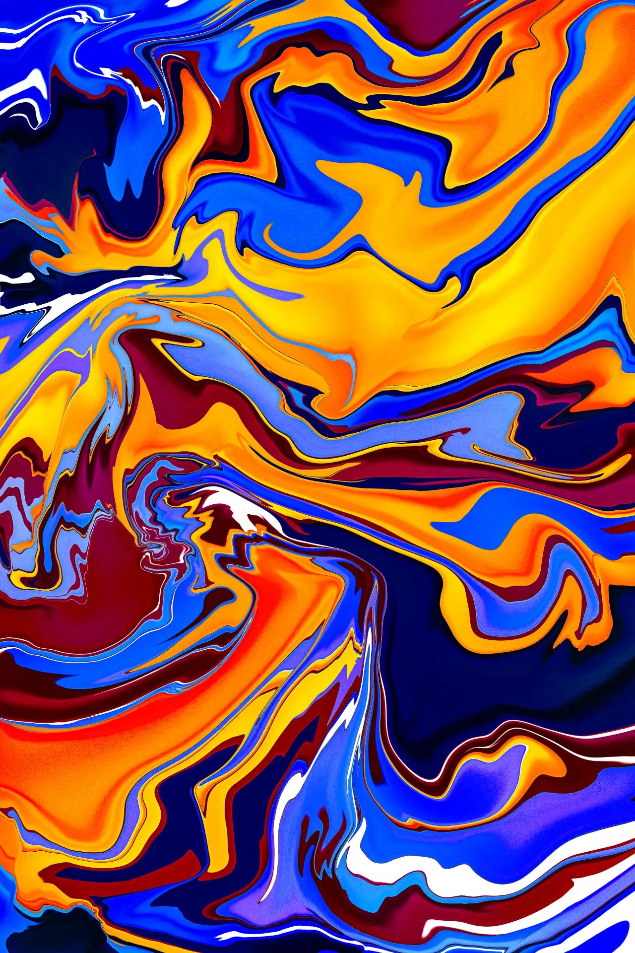 Abstract artwork with swirling colors of blue, orange, and purple.