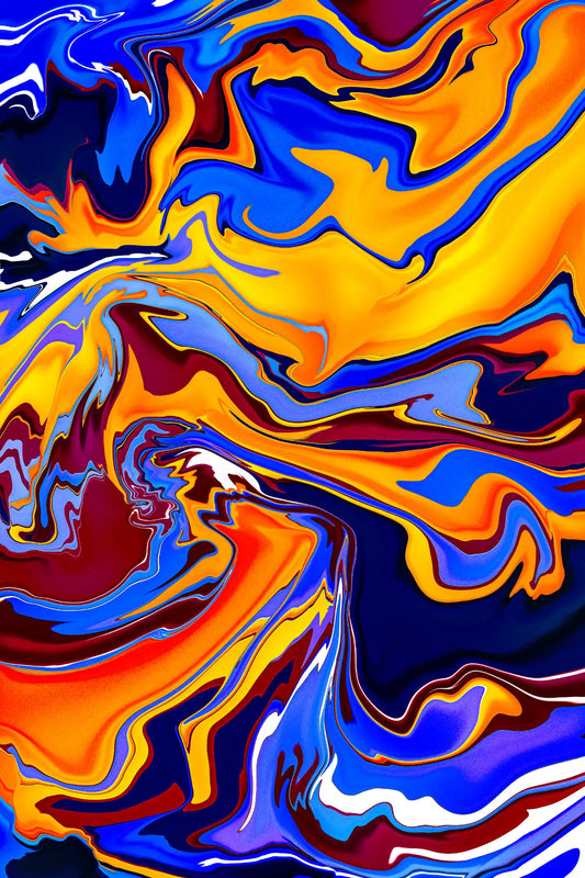 Abstract artwork with swirling colors of blue, orange, and purple.