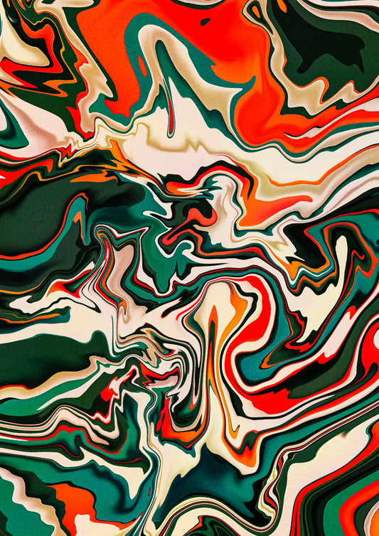 Abstract art with swirling colors in red, green, and beige.